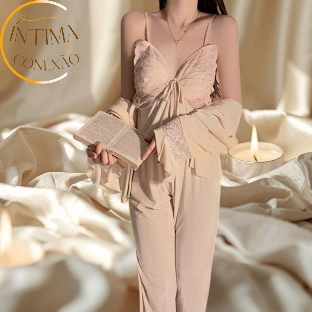 Butterfly Lace Velour Set – Halter Top, Trousers & Sheer Robe | Seduction and Sophistication in Every Detail