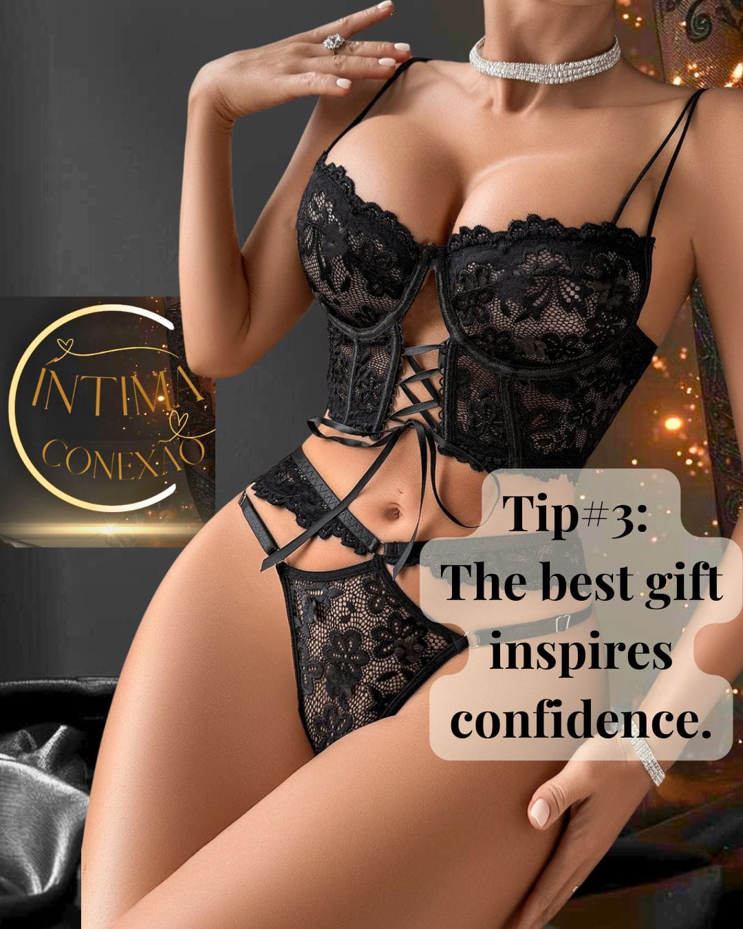 Luxury Lace Lingerie Set, Seductive and Lace-Up, for an Unforgettable Night – The Perfect Gift of Elegance. By Íntima Conexão.