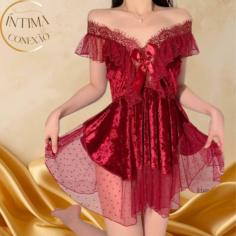 Short Velour Nightdress with Lace and Central Bow — Designed for Women Who Seek Comfort and Beauty in Perfect Harmony, with a Touch of Innocence