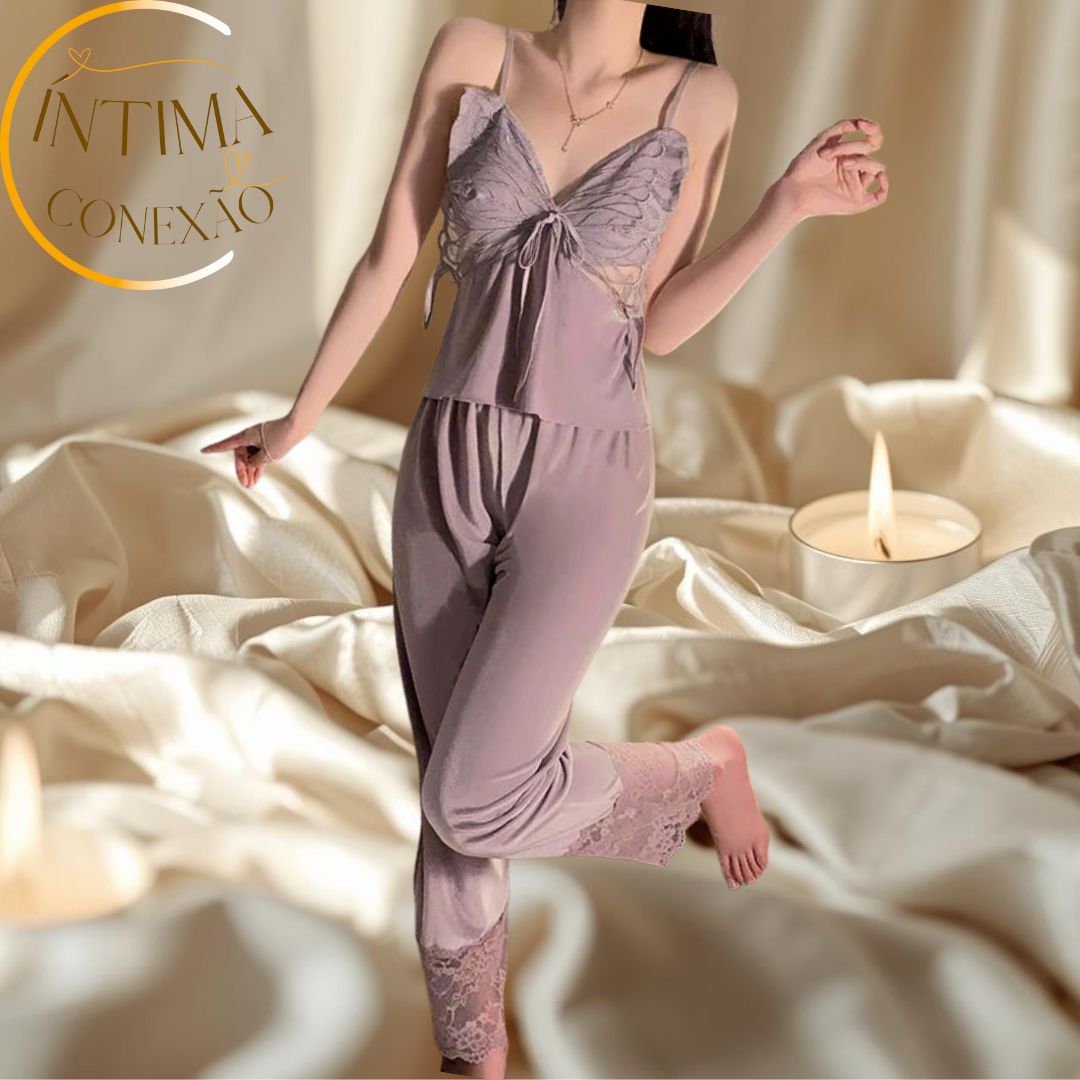 Butterfly Lace Velour Set – Halter Top, Trousers & Sheer Robe | Seduction and Sophistication in Every Detail