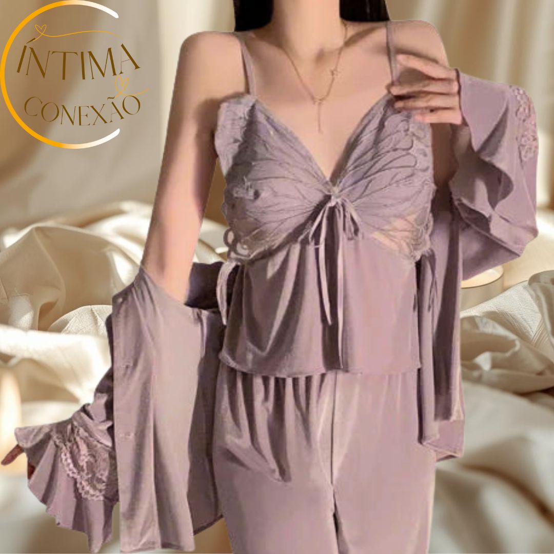 Butterfly Lace Velour Set – Halter Top, Trousers & Sheer Robe | Seduction and Sophistication in Every Detail