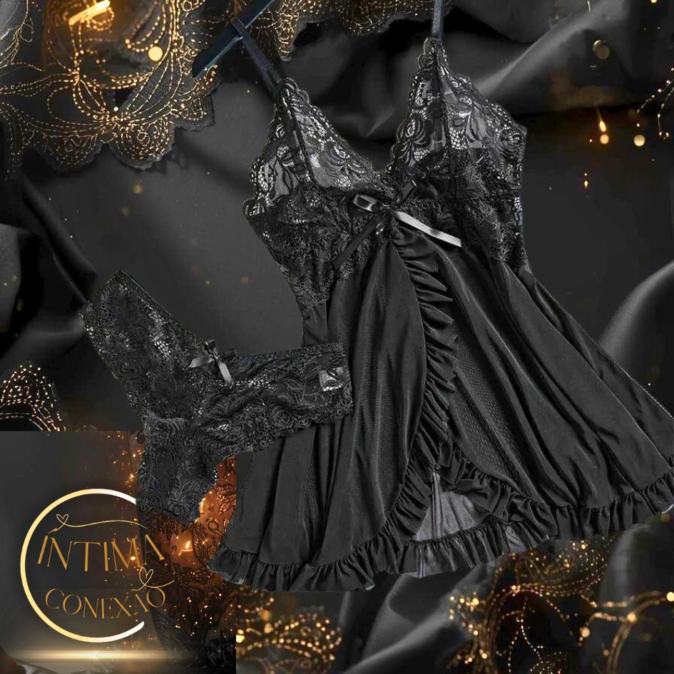 Luxury Sheer Tulle Set – V-Neck Bra and Open Nightdress | An Evening of Allure