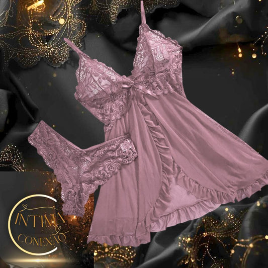 Luxury Sheer Tulle Set – V-Neck Bra and Open Nightdress | An Evening of Allure