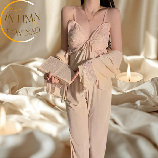 Butterfly Lace Velour Set – Halter Top, Trousers &amp; Sheer Robe | Seduction and Sophistication in Every Detail