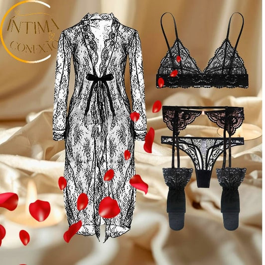 Lace Lingerie Set – Unlined Bra, Panty and Garter with Stockings | Moments of Seduction