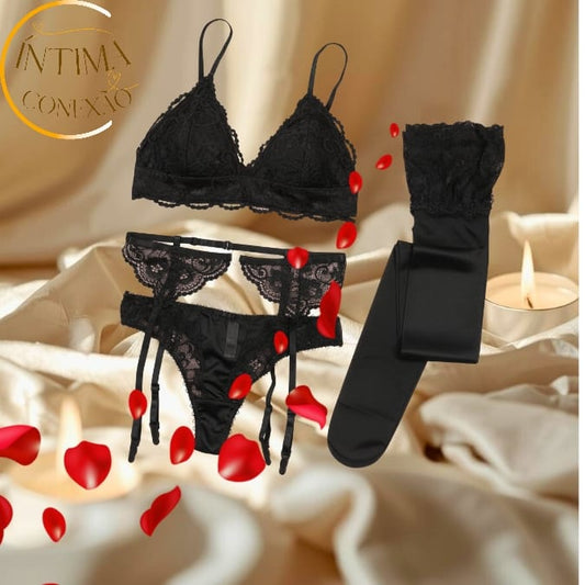 Lace Lingerie Set – Unlined Bra, Panty and Garter with Stockings | Moments of Seduction