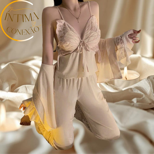 Butterfly Lace Velour Set – Halter Top, Trousers &amp; Sheer Robe | Seduction and Sophistication in Every Detail