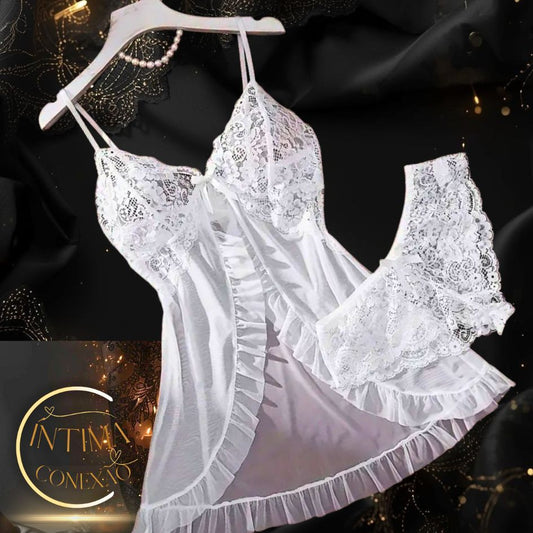 Luxury Sheer Tulle Set – V-Neck Bra and Open Nightdress | An Evening of Allure